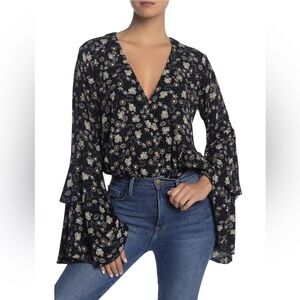 Free People She's Dainty Bodysuit Black Ditsy Floral Tiered Bell Sleeve V Neck L